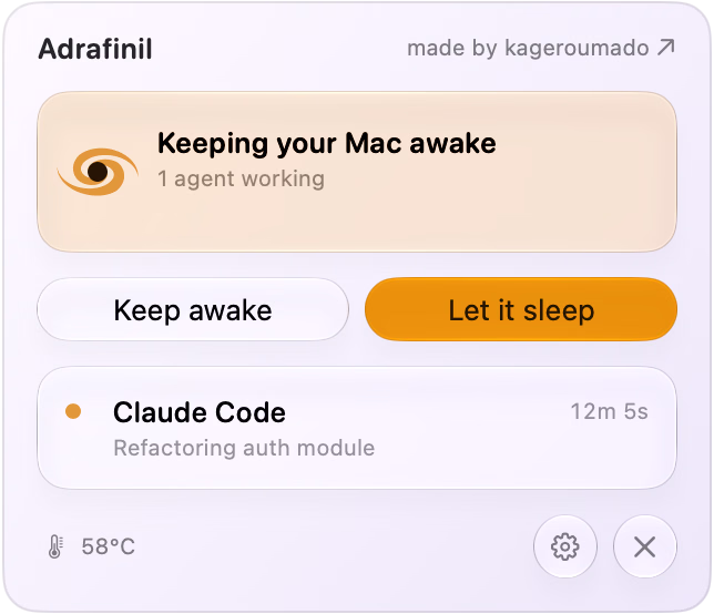 Adrafinil keeping the Mac awake while Claude Code works, with session time and temperature