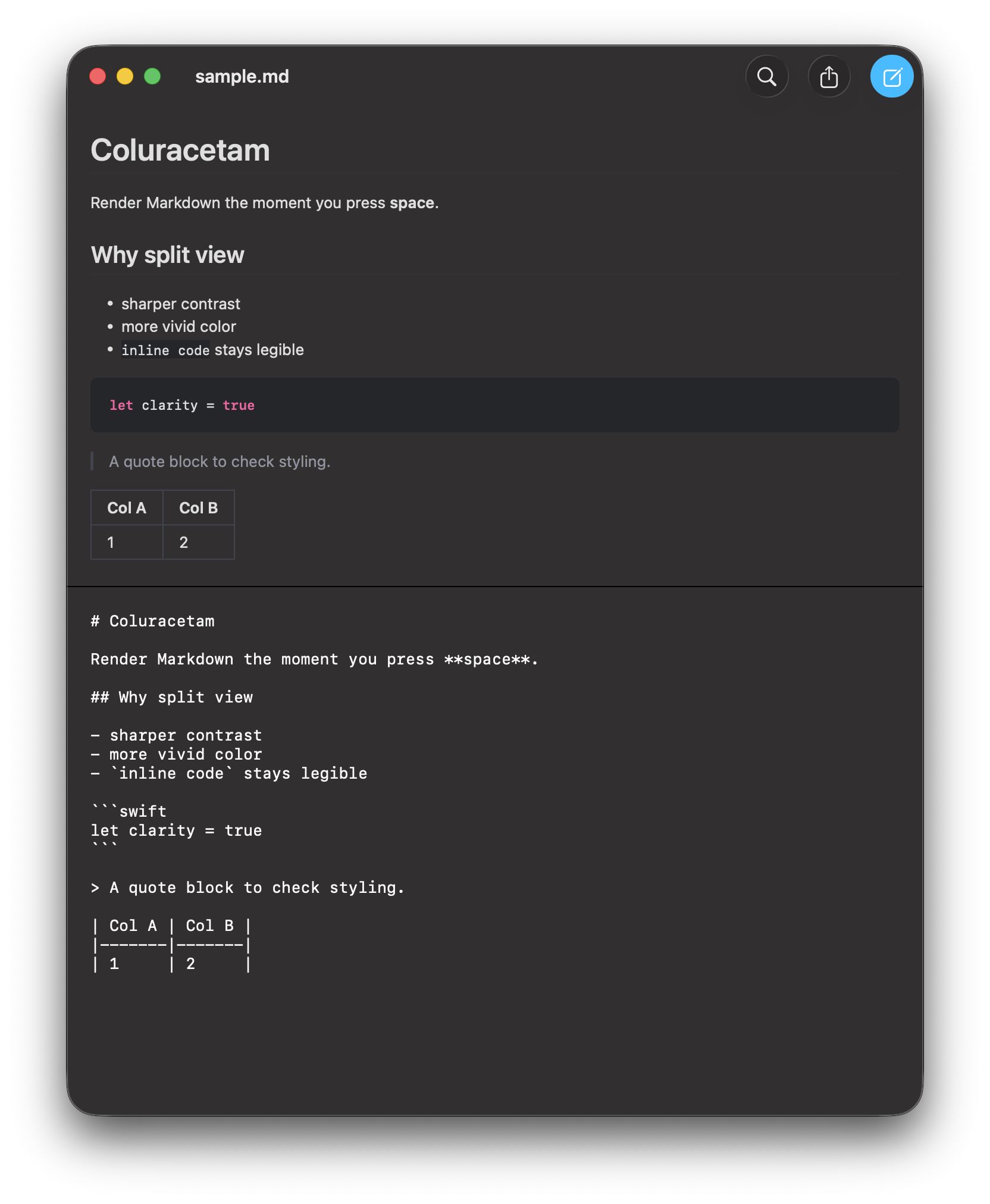 Coluracetam's live split: rendered preview above, source below