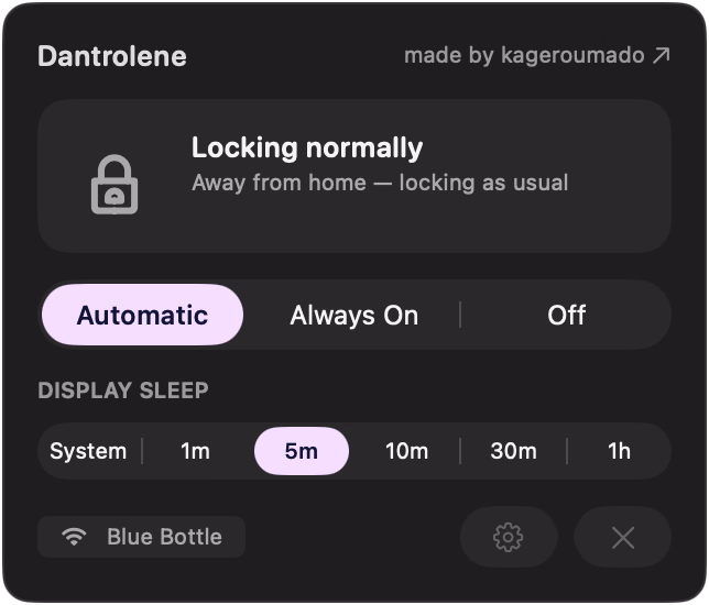 The Dantrolene popover away from home: the mark folded into a padlock, ‘Locking normally’