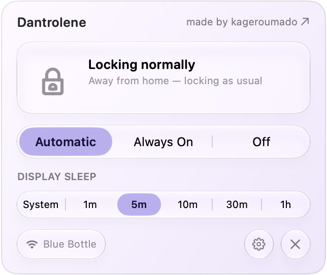 The Dantrolene popover away from home: the mark folded into a padlock, ‘Locking normally’
