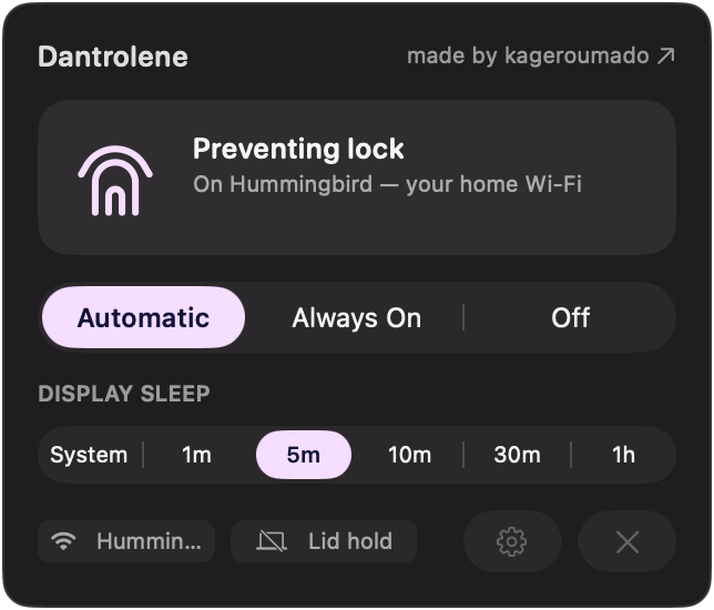 The Dantrolene popover at home: the arc-house mark and ‘Preventing lock’ on the home network, with mode and display-sleep selectors