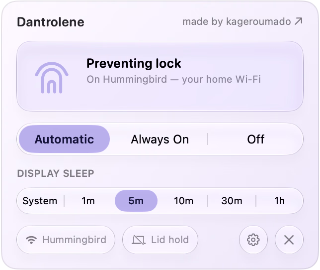 The Dantrolene popover at home: the arc-house mark and ‘Preventing lock’ on the home network, with mode and display-sleep selectors