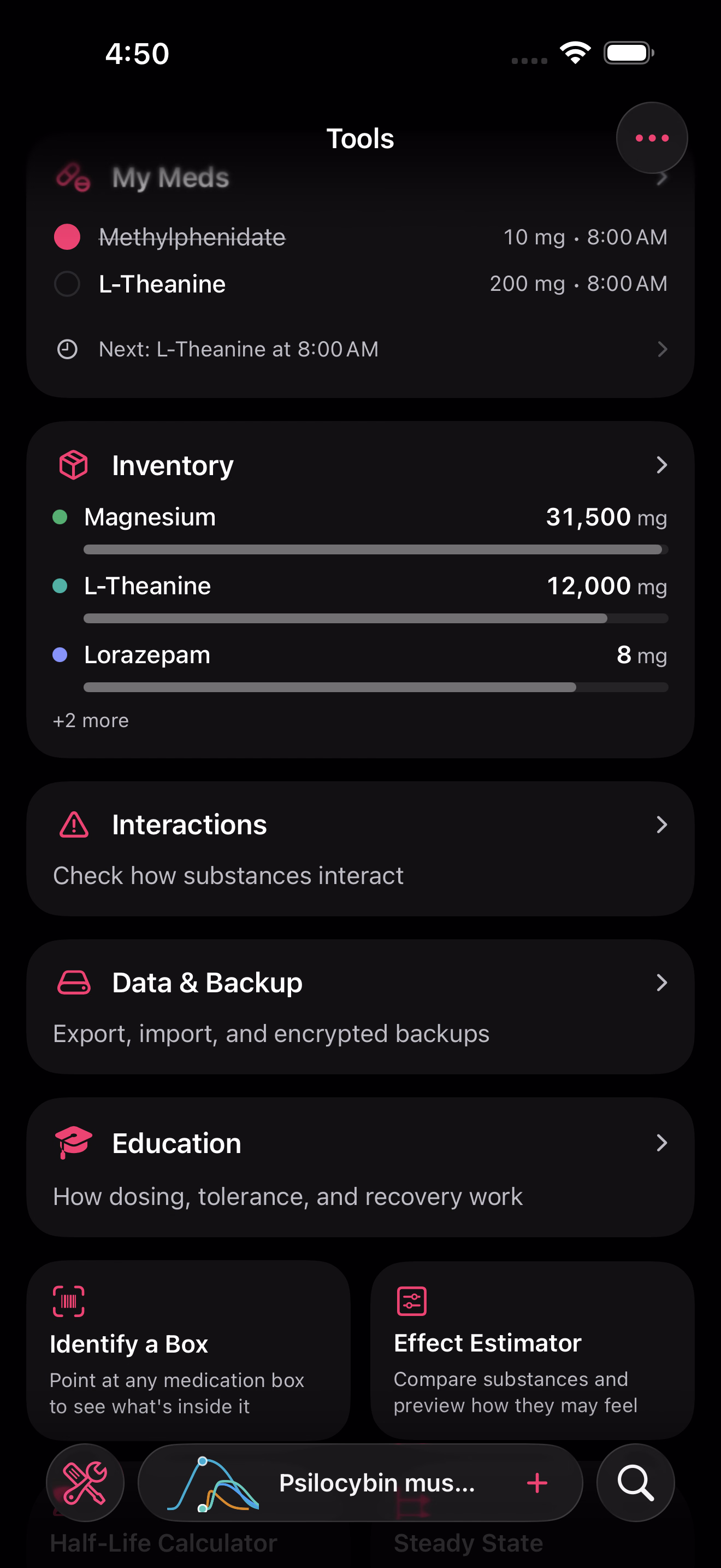 Piru Tools with medication routines, inventory, interaction references, encrypted backups, and calculators.