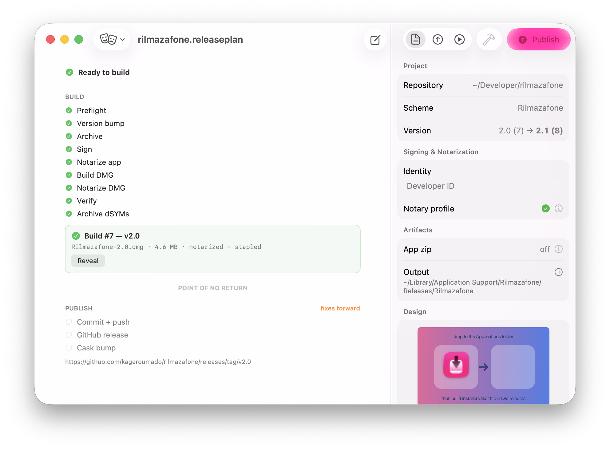 Rilmazafone’s release plan showing build stages, signing and notarization settings, and a Publish button