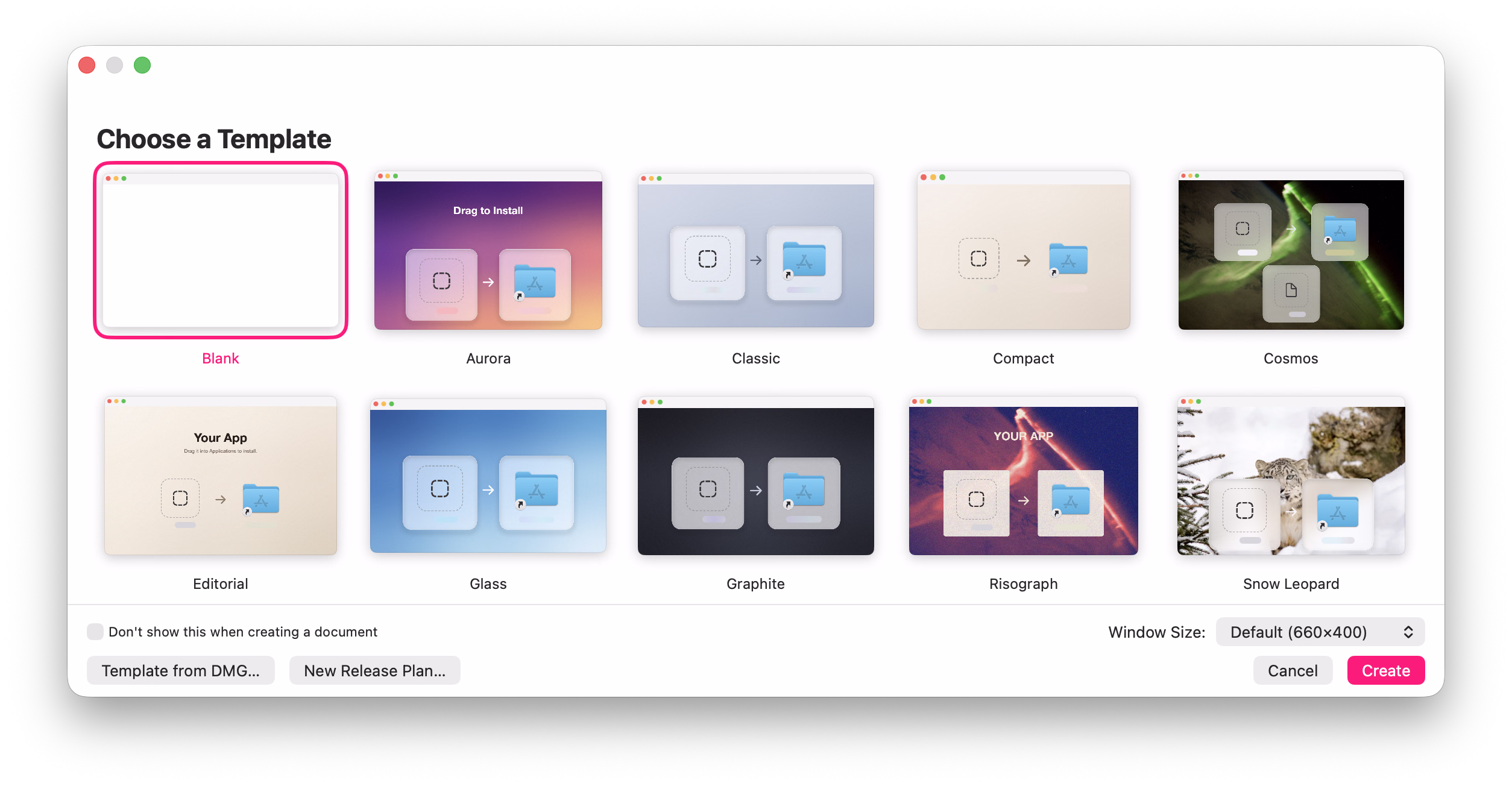 Rilmazafone’s template gallery with ten starting layouts, including Glass, Risograph, and Snow Leopard