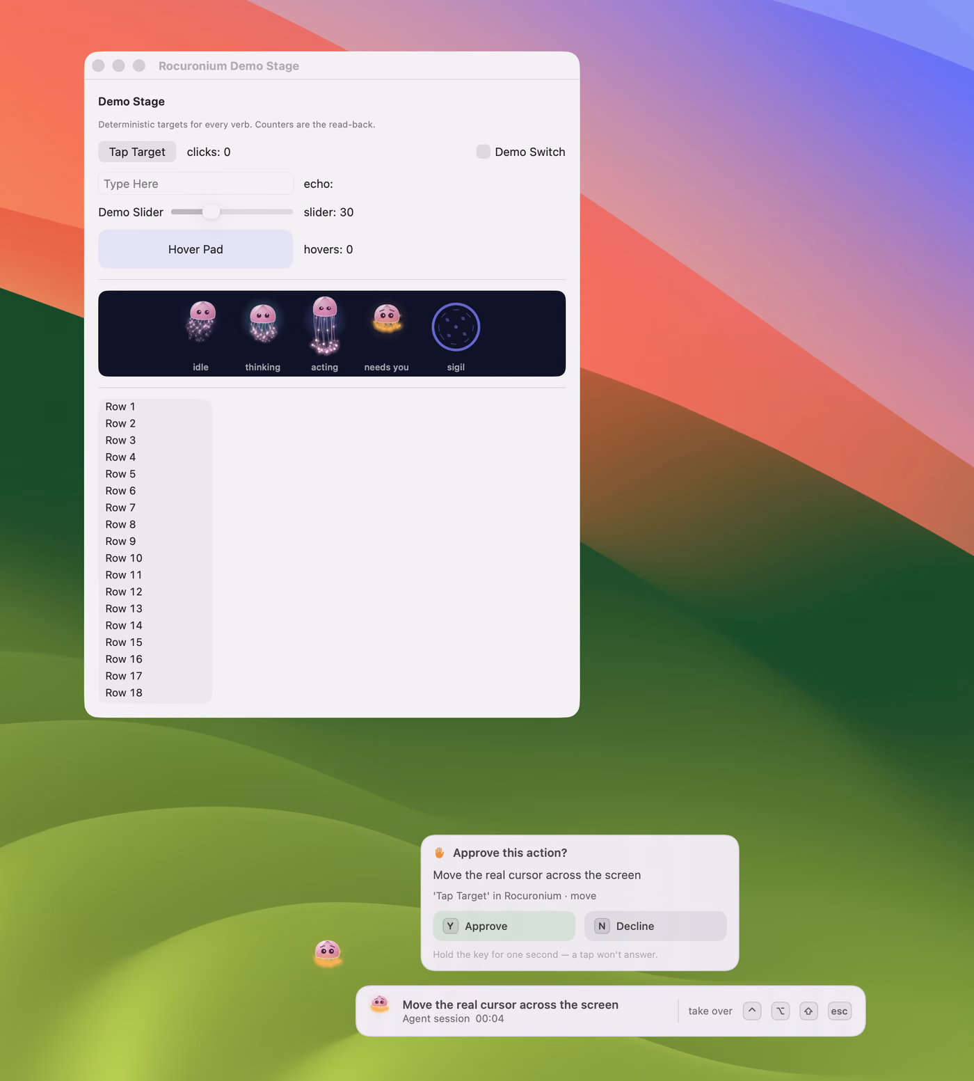 A Mac desktop with the Rocuronium demo window open. A small jellyfish escorts the cursor near the bottom of the screen; a consent card asks 'Approve this action? Move the real cursor across the screen' with Y to approve and N to decline; a bezel below narrates 'Move the real cursor across the screen · Agent session 00:04' beside the take-over keys.