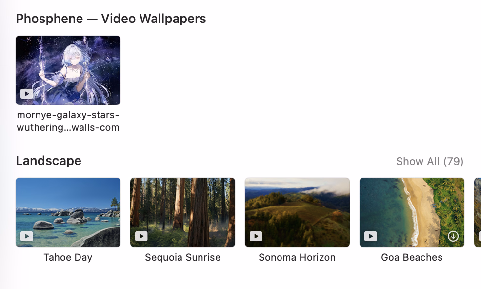 System Settings → Wallpaper showing Phosphene's Video Wallpapers section above Apple's Landscape collection.
