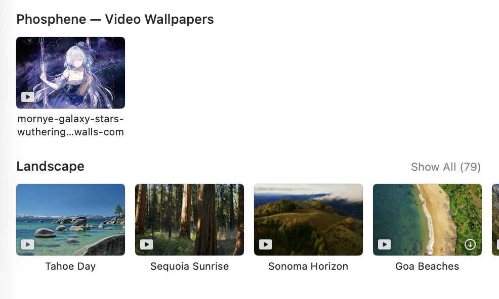 System Settings → Wallpaper showing Phosphene's Video Wallpapers section above Apple's Landscape collection.