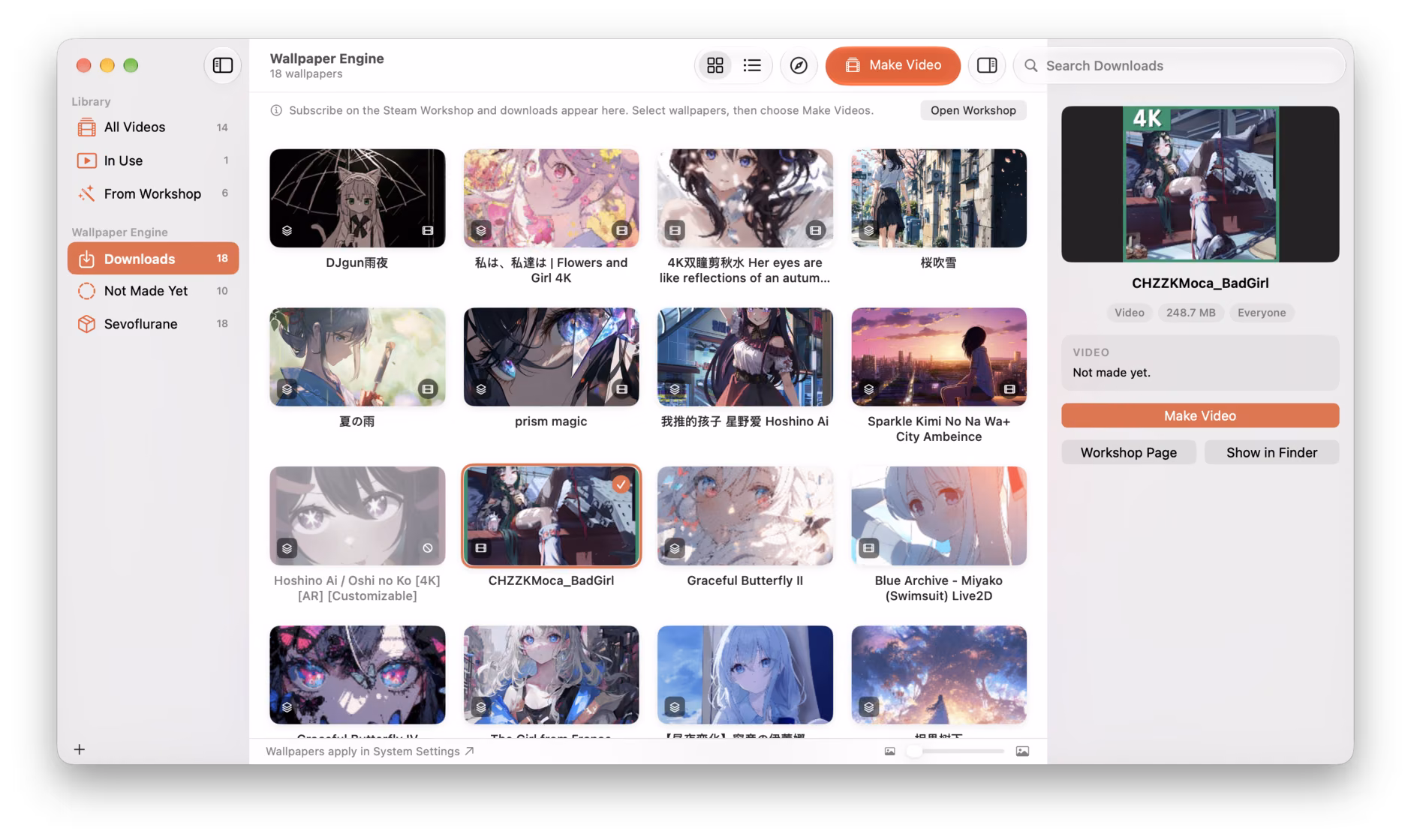 Phosphene’s library at its Wallpaper Engine section: eighteen Steam Workshop downloads as thumbnails, one selected, and Make Video in the inspector