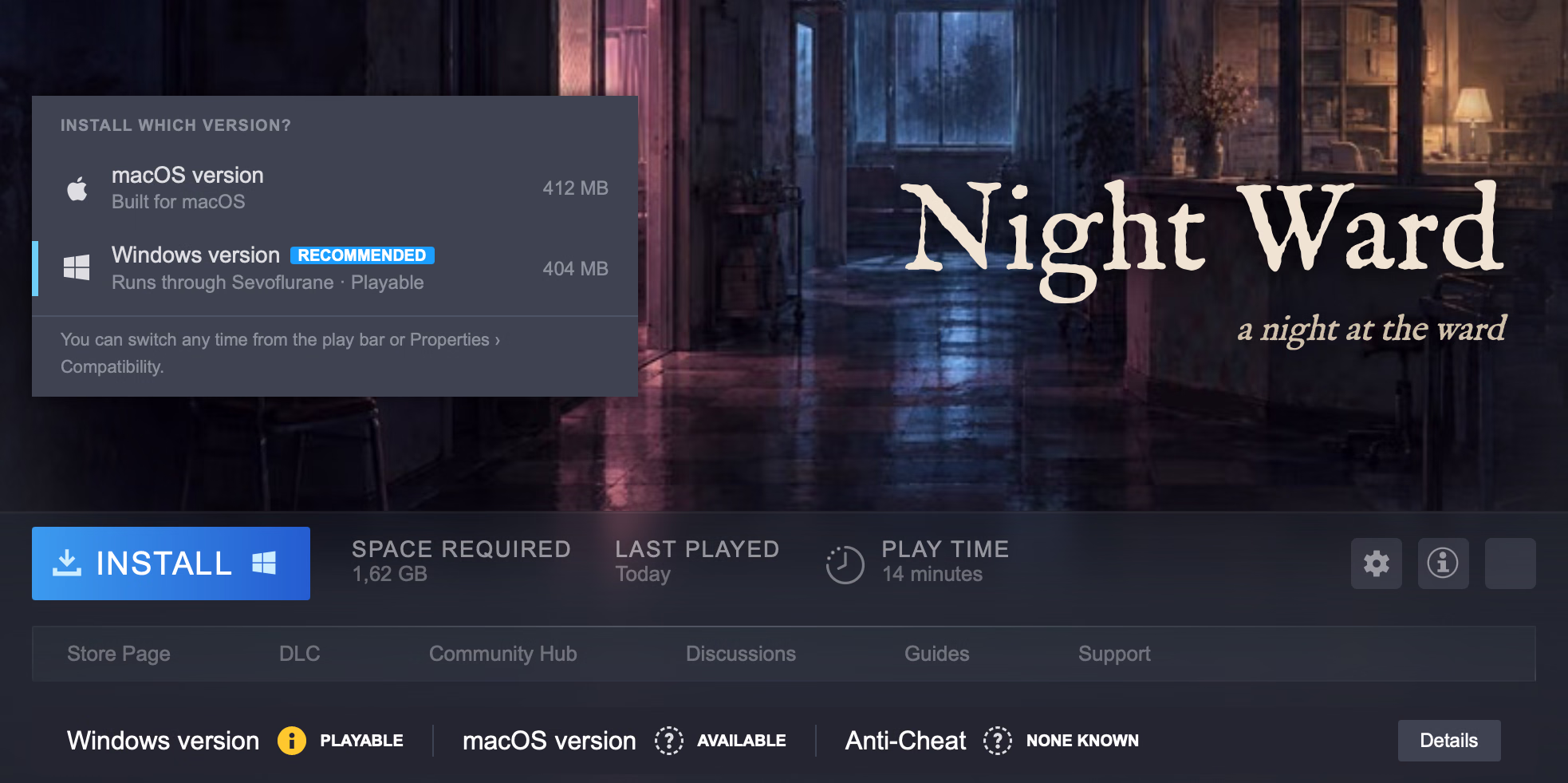 Sevoflurane 的 Steam 中一款游戏的页面，安装菜单已展开：macOS 版本 412 MB；Windows 版本 404 MB，推荐，通过 Sevoflurane 可玩。